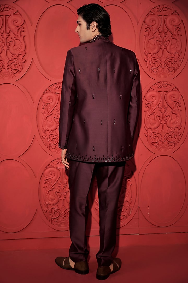 Wine Silk Chanderi Mirror Work Groom Indowestern Set by Jubinav Chadha Men at Pernia's Pop Up Shop