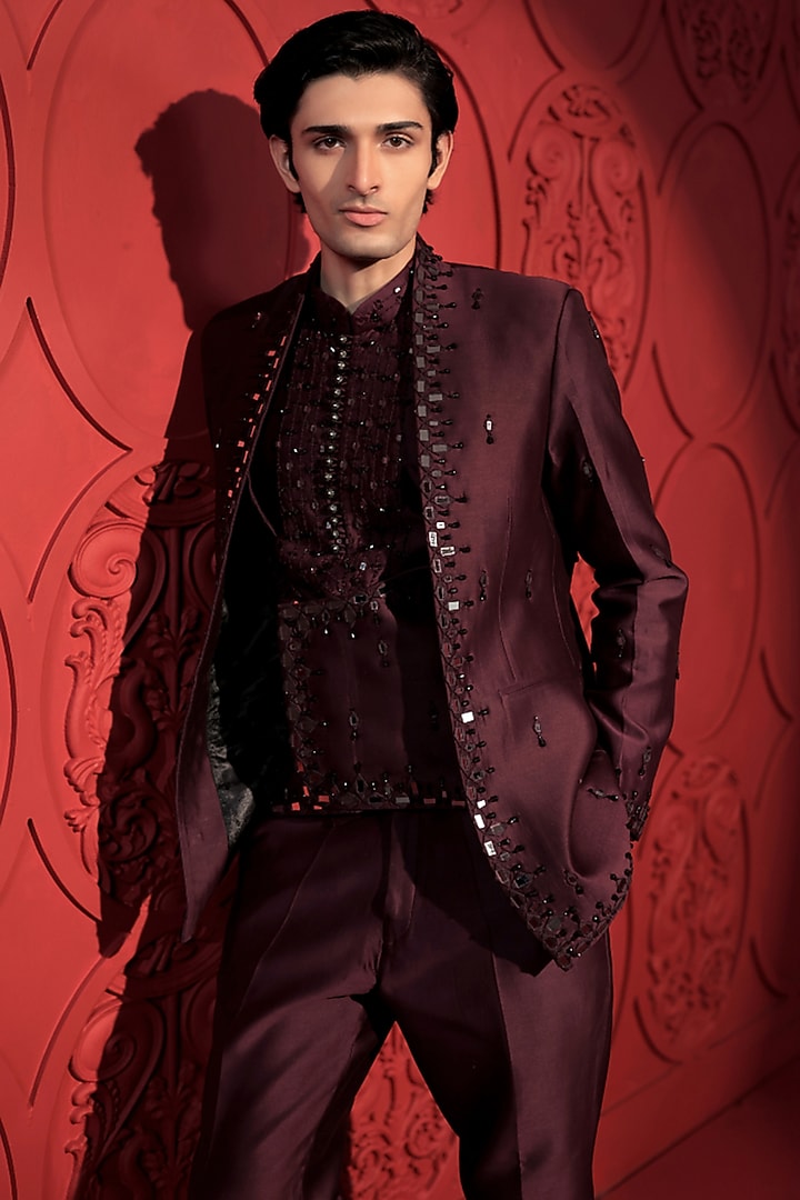 Wine Silk Chanderi Mirror Work Groom Indowestern Set by Jubinav Chadha Men at Pernia's Pop Up Shop