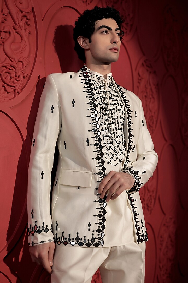 White Silk Chanderi Mirror Embroidered Wedding Indowestern Set by Jubinav Chadha Men at Pernia's Pop Up Shop