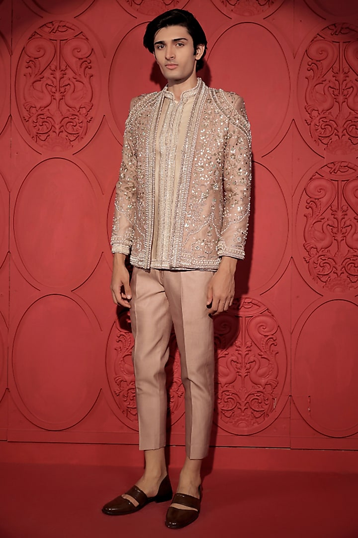 Rose Gold Silk Chanderi Pearl Embroidered Jacket Set by Jubinav Chadha Men