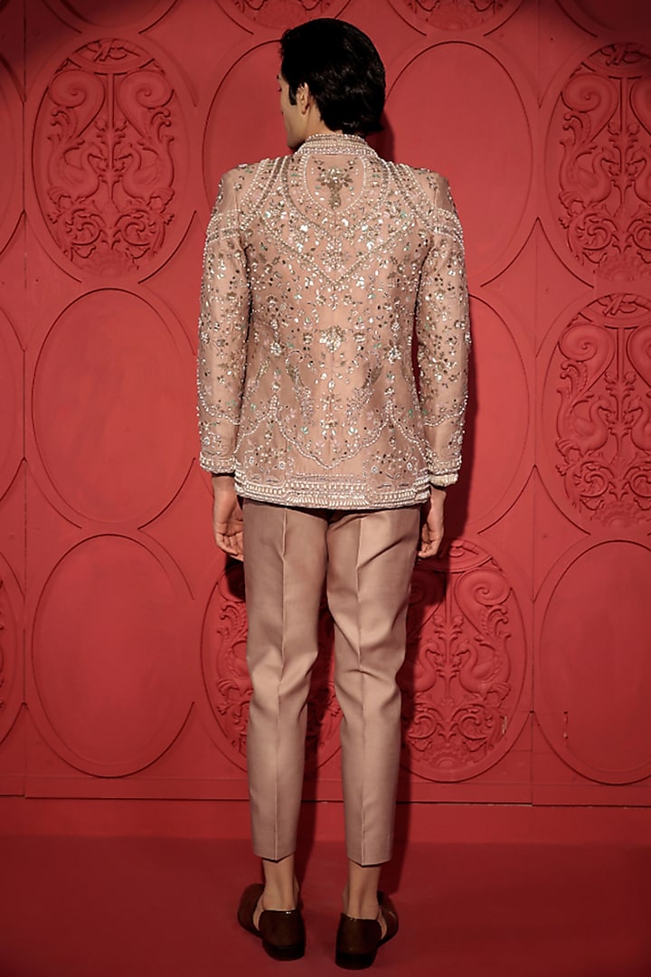 Rose Gold Silk Chanderi Pearl Embroidered Jacket Set by Jubinav Chadha Men  at Pernia's Pop Up Shop 2026