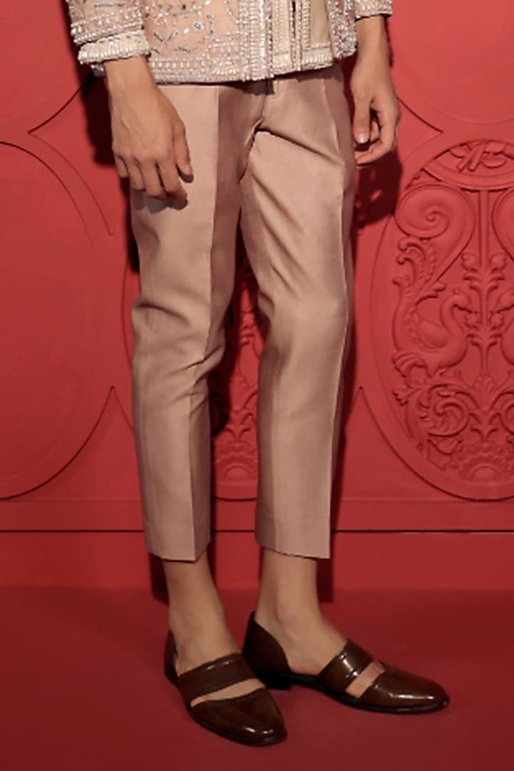 Rose Gold Silk Chanderi Pearl Embroidered Jacket Set by Jubinav Chadha Men at Pernia's Pop Up Shop