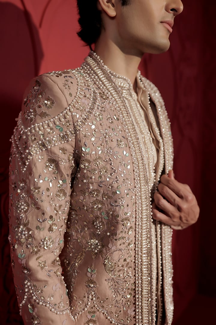 Rose Gold Silk Chanderi Pearl Embroidered Jacket Set by Jubinav Chadha Men at Pernia's Pop Up Shop