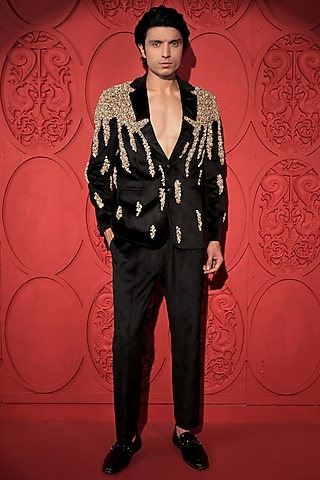 Black Velvet Shell Embroidered Blazer Set by Jubinav Chadha Men