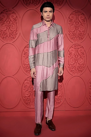 Pink & Grey Katan Silk Hand Embroidered Color-Blocked Kurta Set by Jubinav Chadha Men