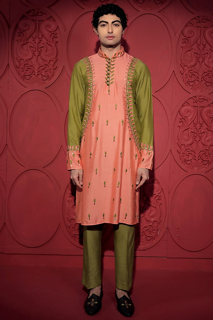 Olive Green & Peach Katan Silk Resham Hand Embroidered Kurta Set by Jubinav Chadha Men