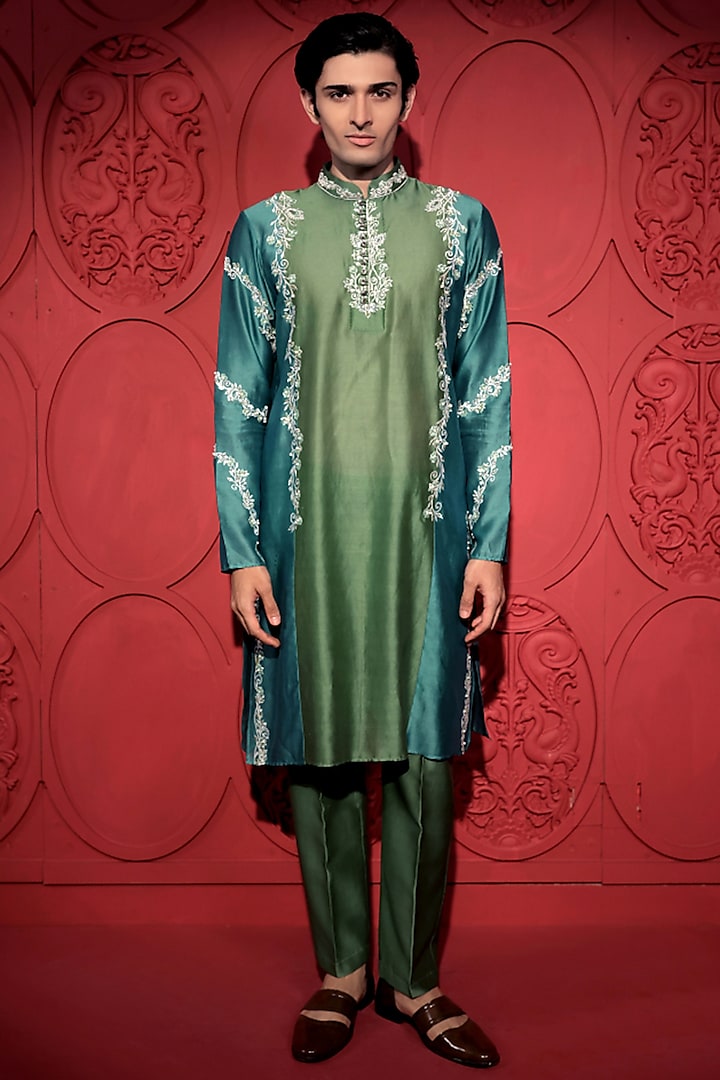 Green & Blue Silk Chanderi Resham Hand Embroidered Kurta Set by Jubinav Chadha Men