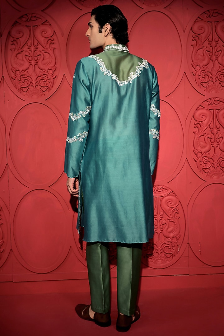 Green & Blue Silk Chanderi Resham Hand Embroidered Kurta Set by Jubinav Chadha Men at Pernia's Pop Up Shop