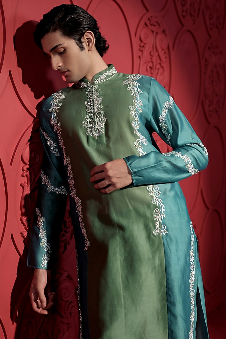 Green & Blue Silk Chanderi Resham Hand Embroidered Kurta Set by Jubinav Chadha Men at Pernia's Pop Up Shop