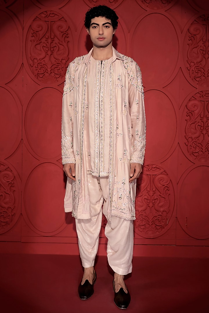 Pastel Pink Katan Silk Pearl & Sequins Embroidered Layered Kurta Set by Jubinav Chadha Men at Pernia's Pop Up Shop