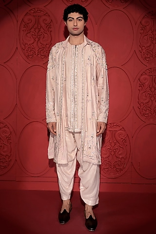 Pastel Pink Katan Silk Pearl & Sequins Embroidered Layered Kurta Set by Jubinav Chadha Men