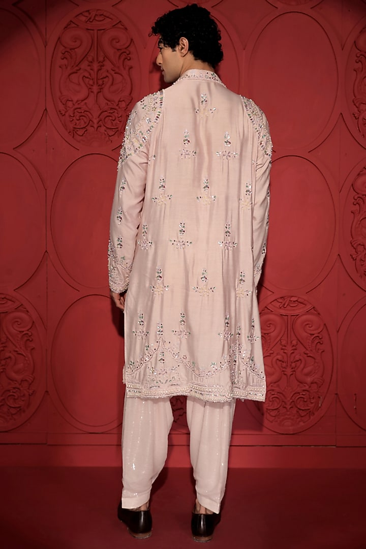 Pastel Pink Katan Silk Pearl & Sequins Embroidered Layered Kurta Set by Jubinav Chadha Men at Pernia's Pop Up Shop