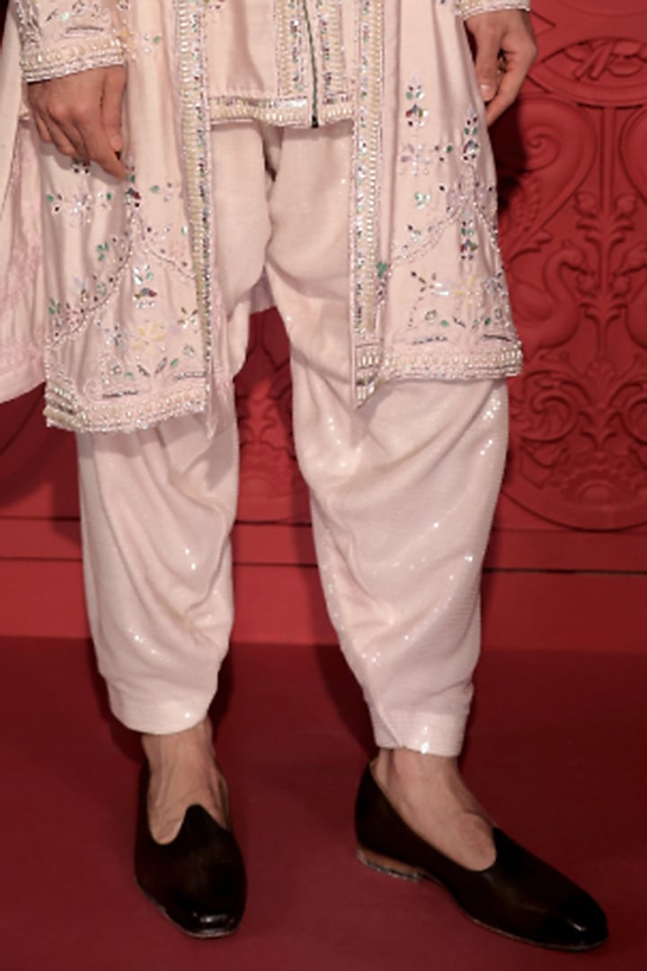 Pastel Pink Katan Silk Pearl & Sequins Embroidered Layered Kurta Set by Jubinav Chadha Men at Pernia's Pop Up Shop