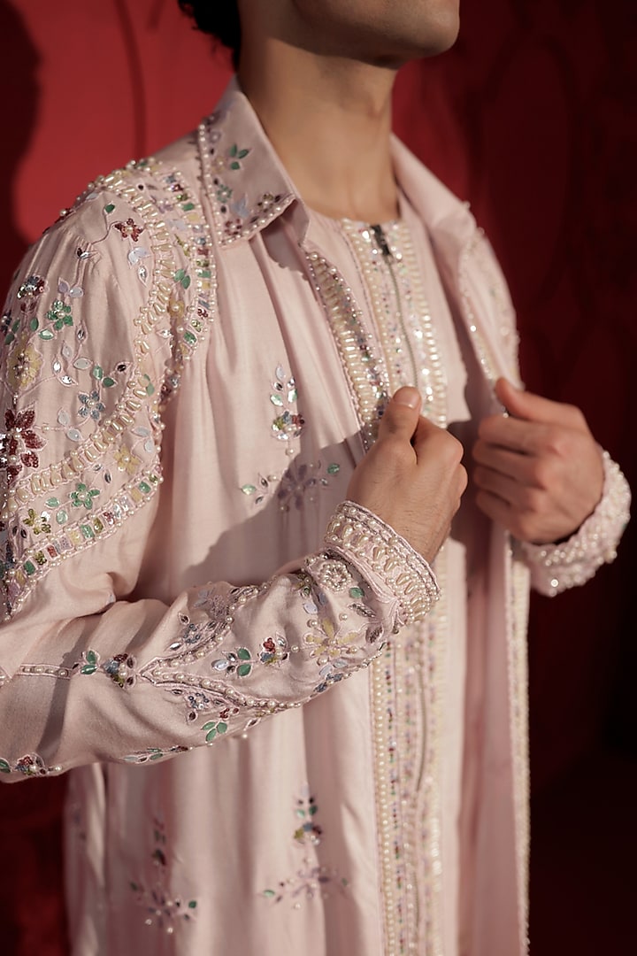 Pastel Pink Katan Silk Pearl & Sequins Embroidered Layered Kurta Set by Jubinav Chadha Men at Pernia's Pop Up Shop