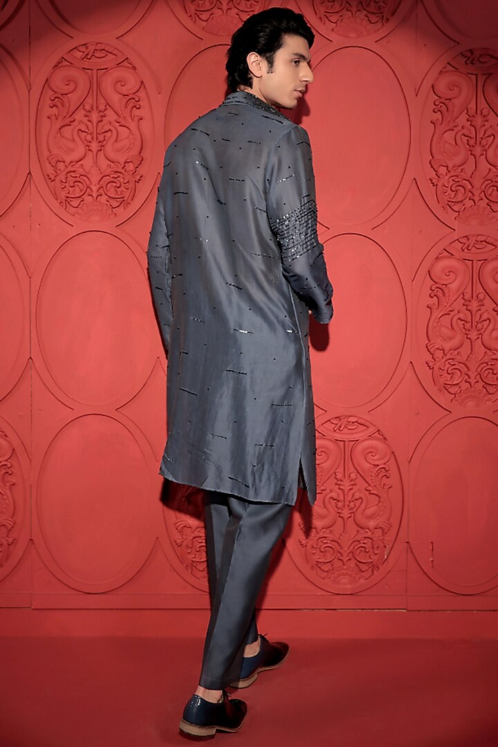 Blue SIlk Chanderi Stone Embroidered Layered Kurta Set by Jubinav Chadha Men at Pernia's Pop Up Shop