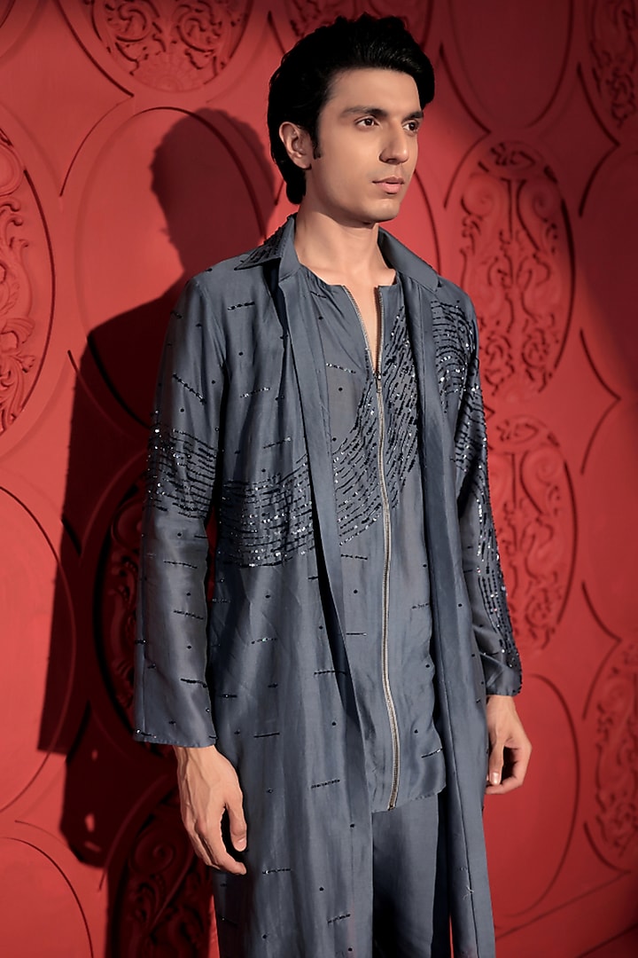 Blue SIlk Chanderi Stone Embroidered Layered Kurta Set by Jubinav Chadha Men at Pernia's Pop Up Shop