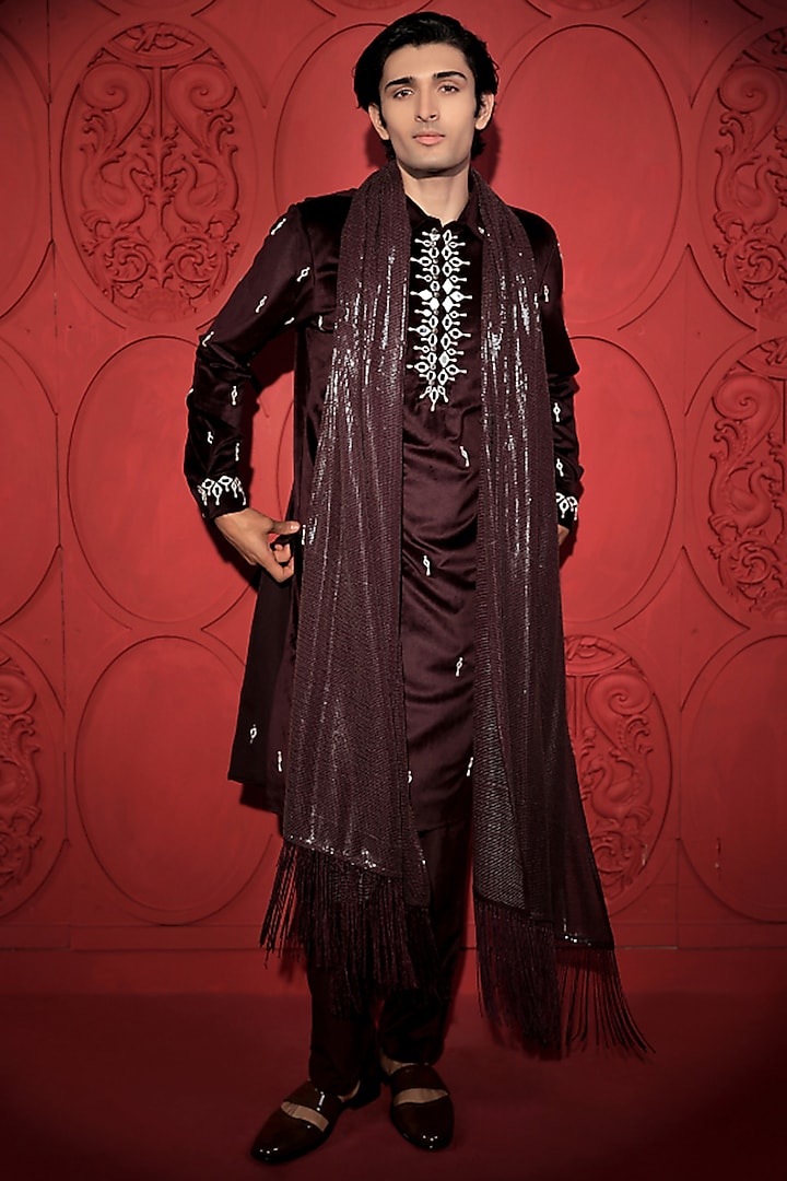 Wine & White Velvet Mirror Embroidered Kurta Set by Jubinav Chadha Men