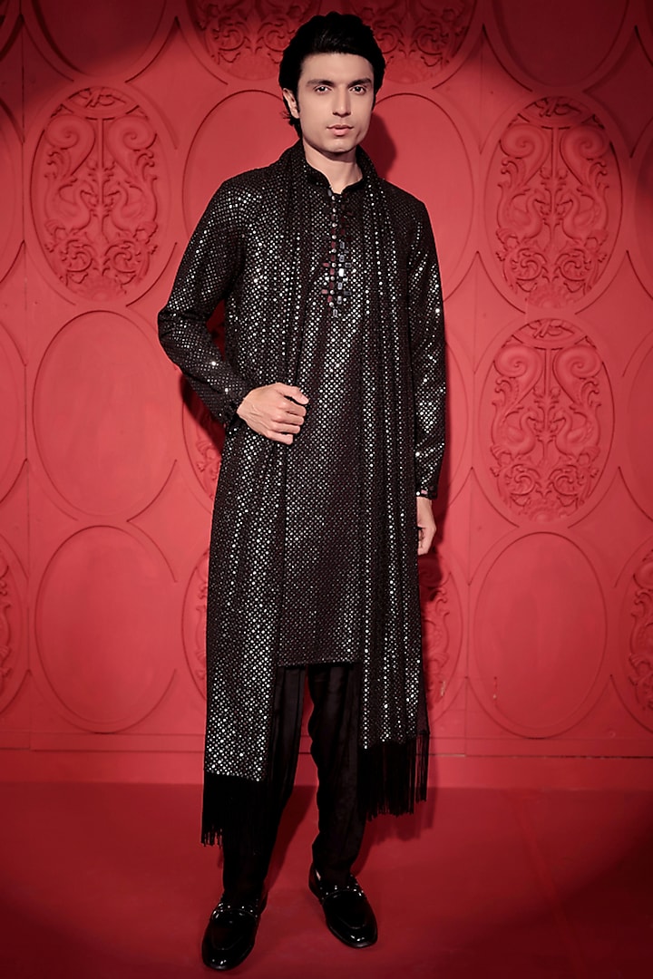 Black & White Sequins Georgette Mirror Work Kurta Set by Jubinav Chadha Men at Pernia's Pop Up Shop