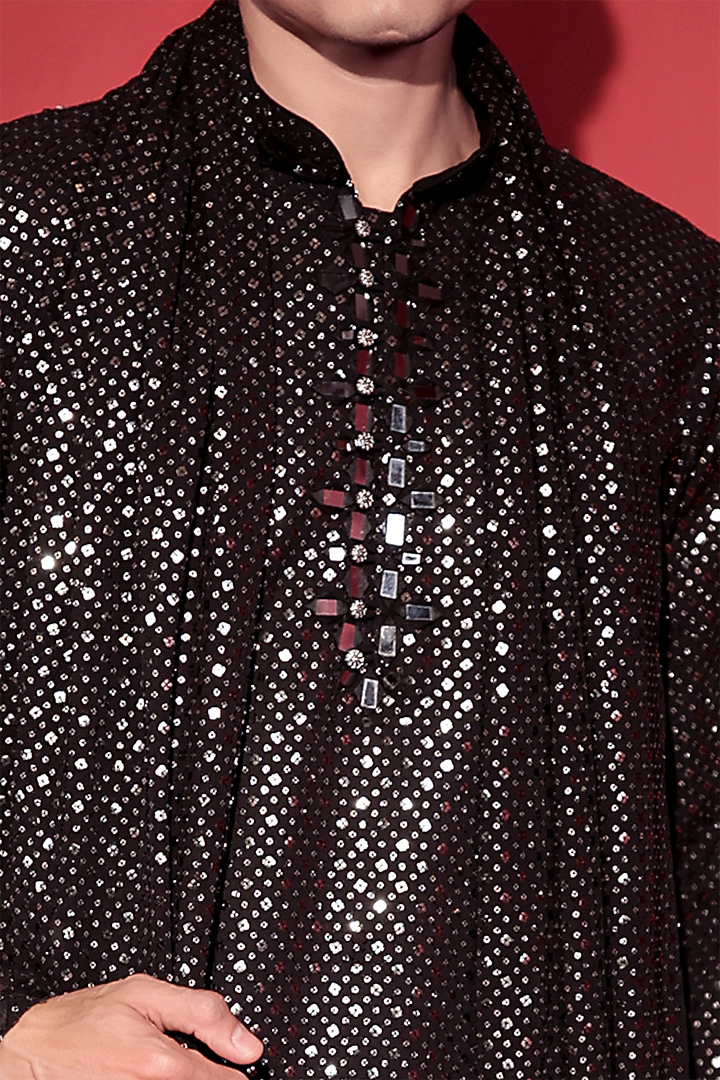 Black & White Sequins Georgette Mirror Work Kurta Set by Jubinav Chadha Men at Pernia's Pop Up Shop