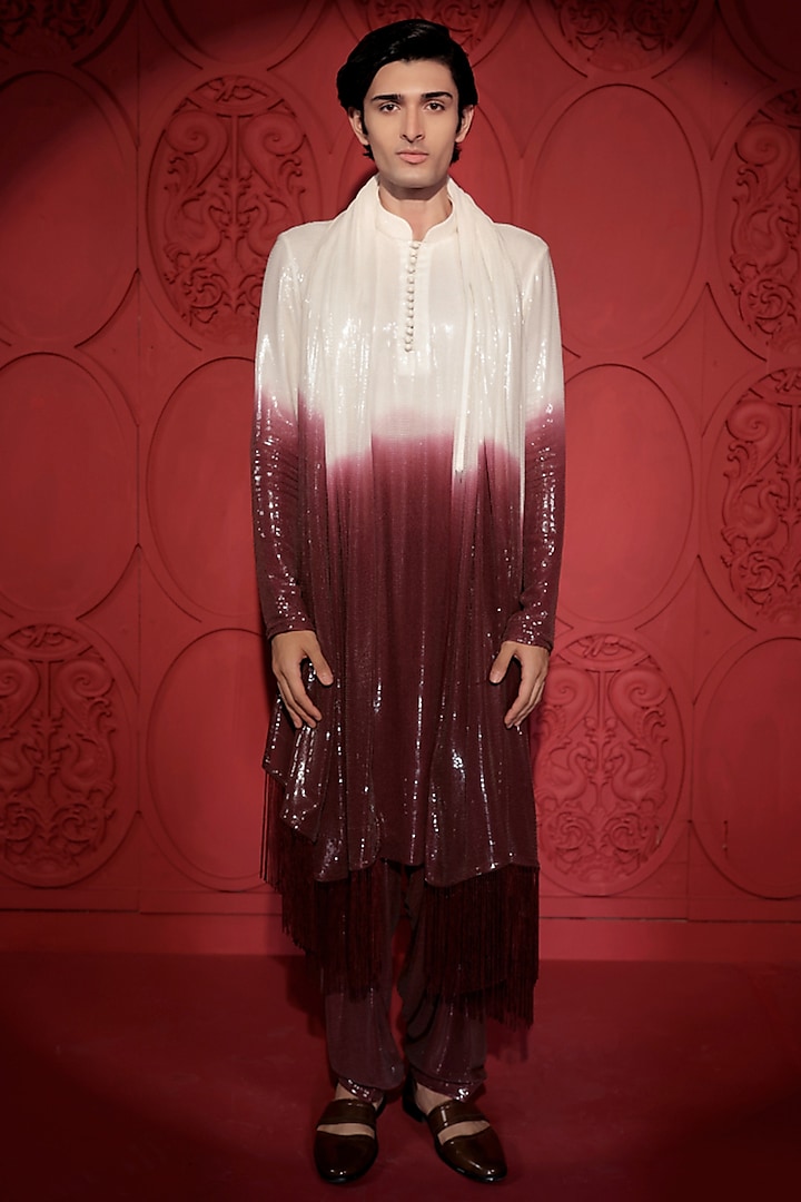 Wine & White Sequins Georgette Ombre-Dyed Kurta Set by Jubinav Chadha Men