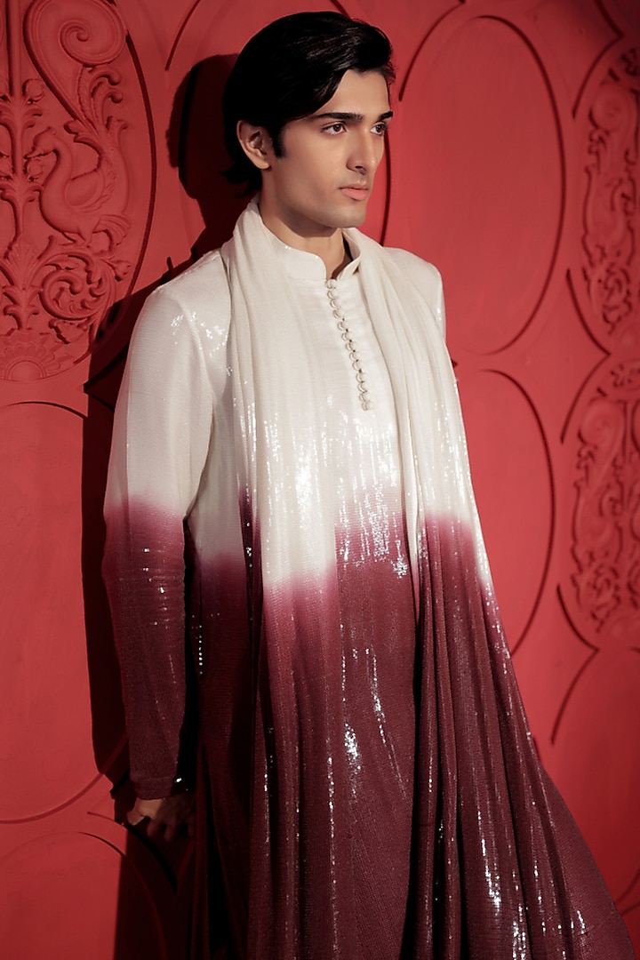 Wine & White Sequins Georgette Ombre-Dyed Kurta Set by Jubinav Chadha Men at Pernia's Pop Up Shop