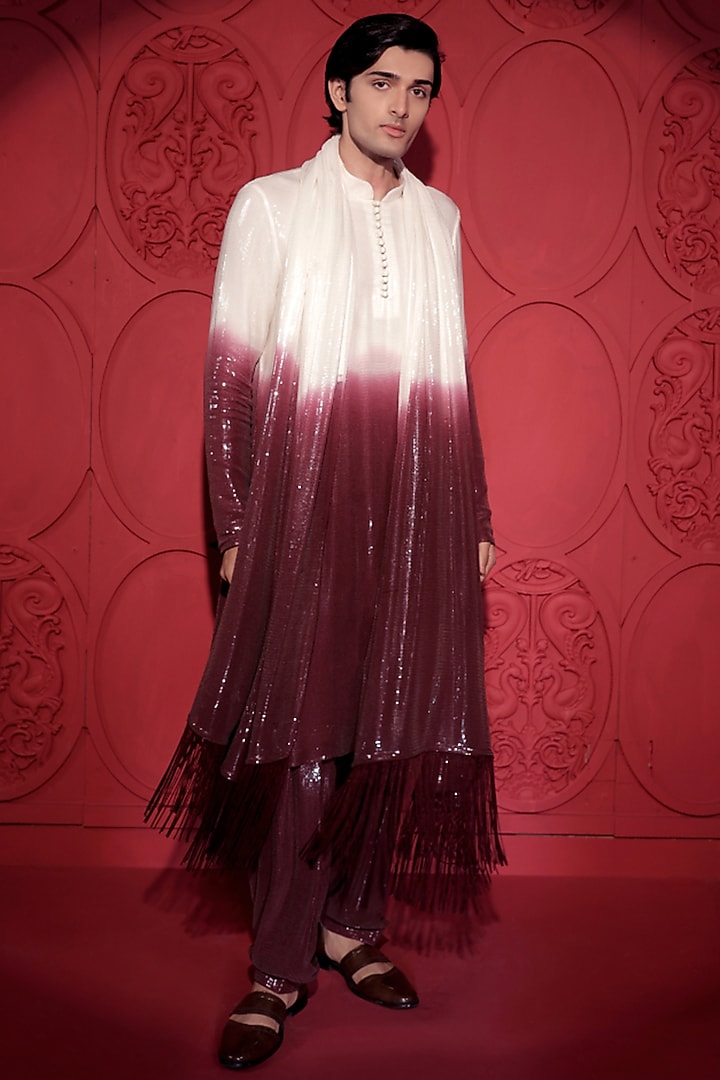 Wine & White Sequins Georgette Ombre-Dyed Kurta Set by Jubinav Chadha Men at Pernia's Pop Up Shop