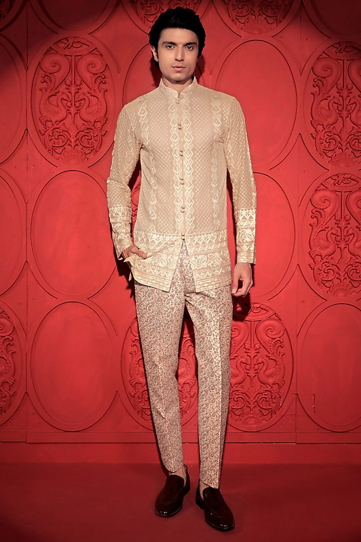 Beige Georgette Chikankari Short Kurta by Jubinav Chadha Men at Pernia's Pop Up Shop