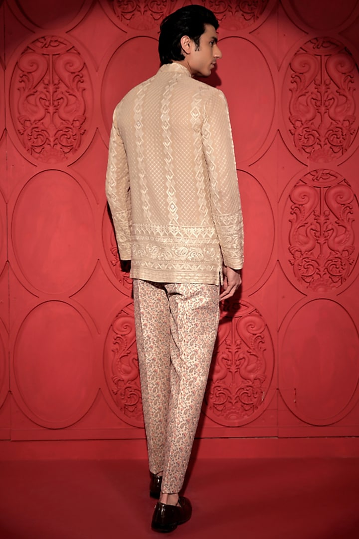 Beige Georgette Chikankari Short Kurta by Jubinav Chadha Men at Pernia's Pop Up Shop