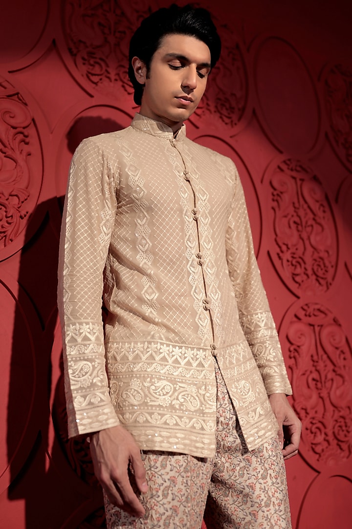 Beige Georgette Chikankari Short Kurta by Jubinav Chadha Men