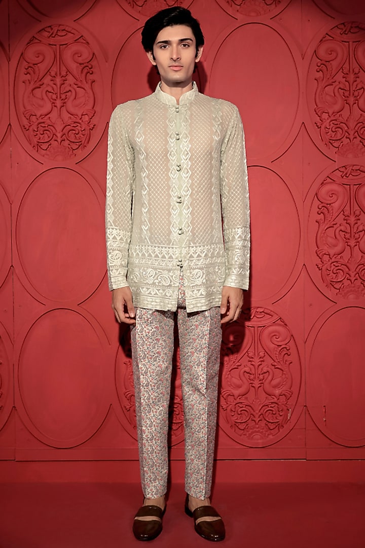 Pastel Green Georgette Chikankari Short Kurta by Jubinav Chadha Men at Pernia's Pop Up Shop