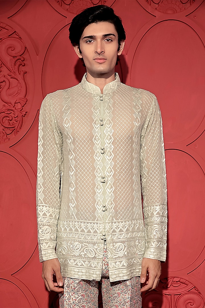 Pastel Green Georgette Chikankari Short Kurta by Jubinav Chadha Men at Pernia's Pop Up Shop