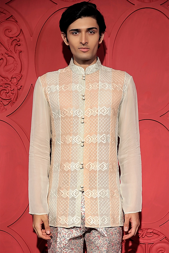 Pastel Green & Beige Georgette Chikankari Short Kurta by Jubinav Chadha Men