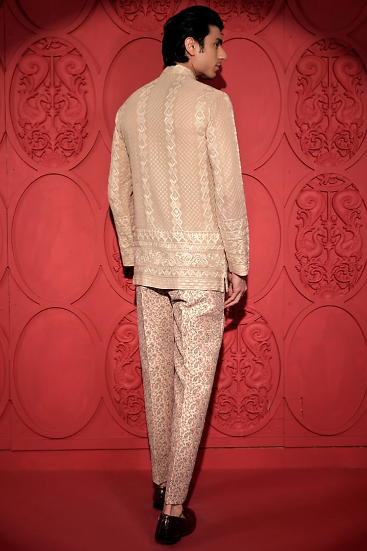 Beige Dupion Printed & Embroidered Pants by Jubinav Chadha Men at Pernia's Pop Up Shop