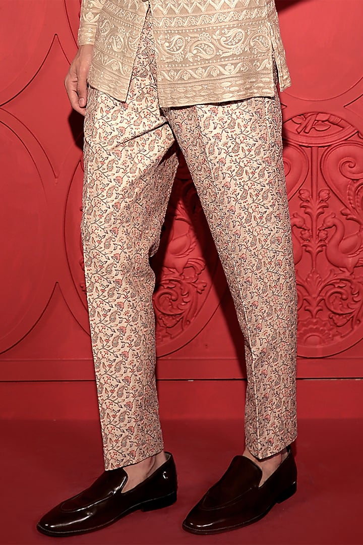 Beige Dupion Printed & Embroidered Pants by Jubinav Chadha Men at Pernia's Pop Up Shop