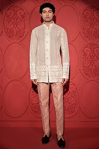 Peach Dupion Printed & Embroidered Pants by Jubinav Chadha Men