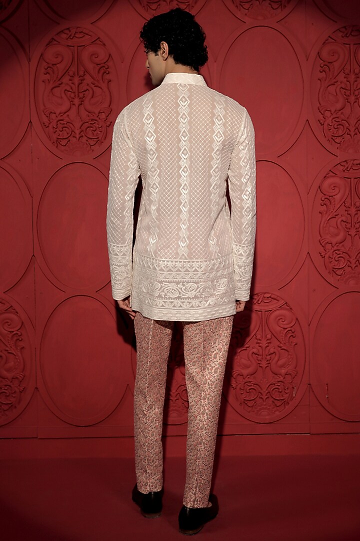 Peach Dupion Printed & Embroidered Pants by Jubinav Chadha Men at Pernia's Pop Up Shop