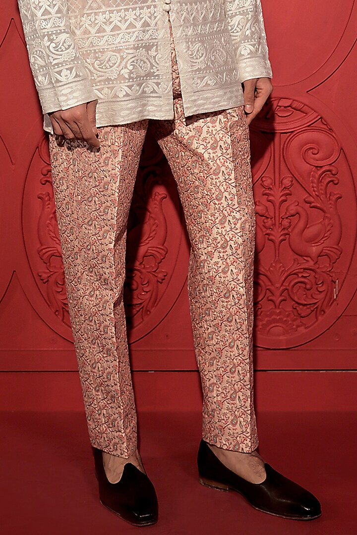 Peach Dupion Printed & Embroidered Pants by Jubinav Chadha Men at Pernia's Pop Up Shop