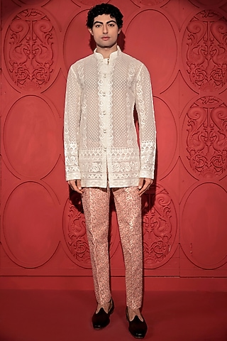 Pink Dupion Printed & Embroidered Pants by Jubinav Chadha Men