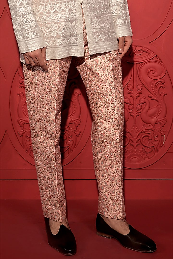 Pink Dupion Printed & Embroidered Pants by Jubinav Chadha Men at Pernia's Pop Up Shop