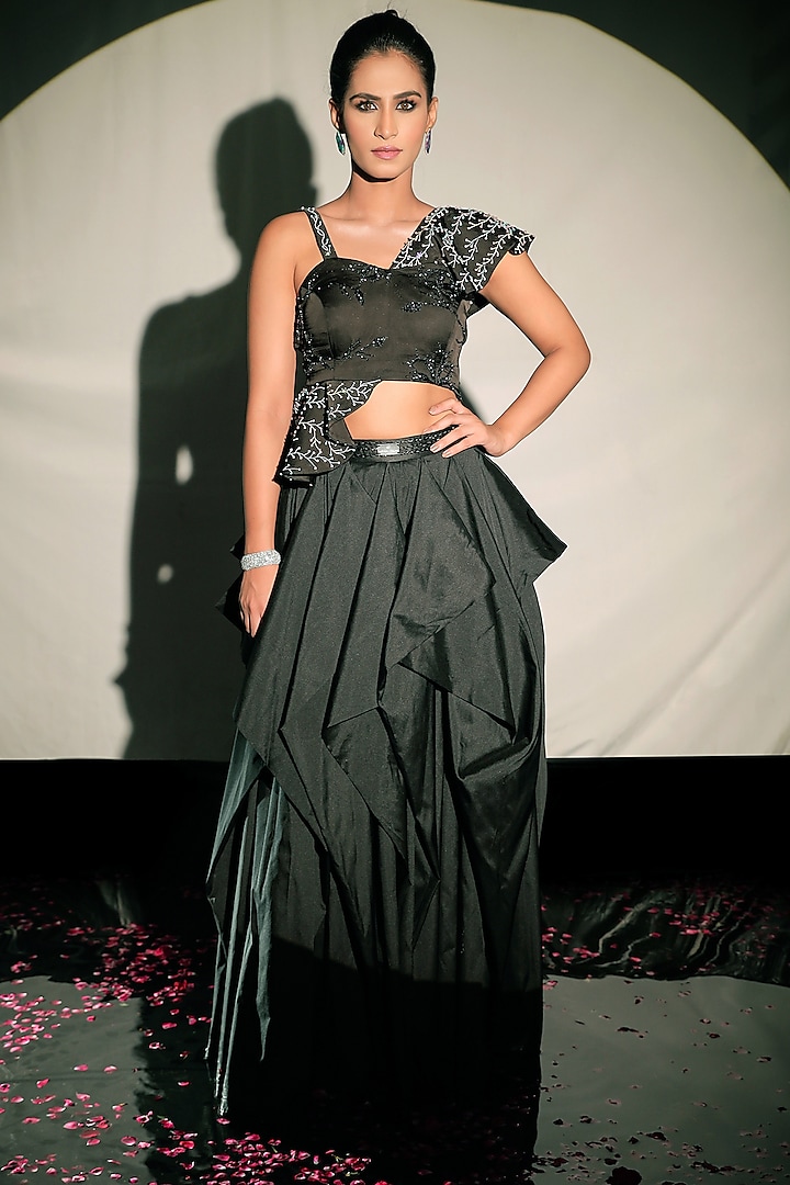 Black Taffeta Embroidered Skirt by Jubinav Chadha