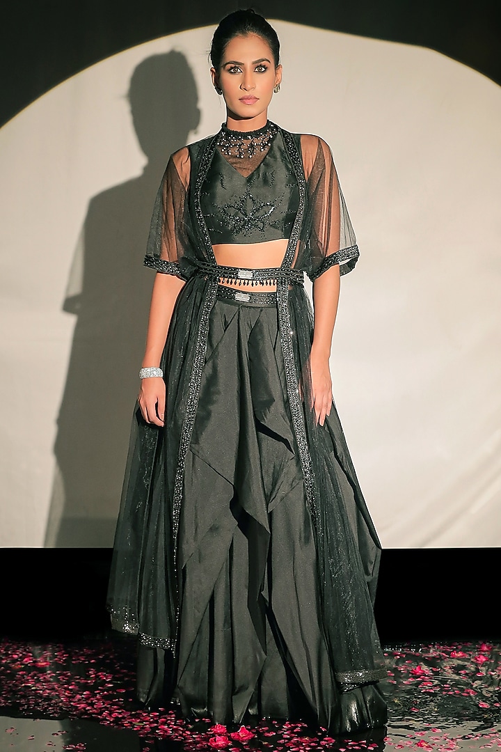 Black Taffeta Draped Skirt Set by Jubinav Chadha