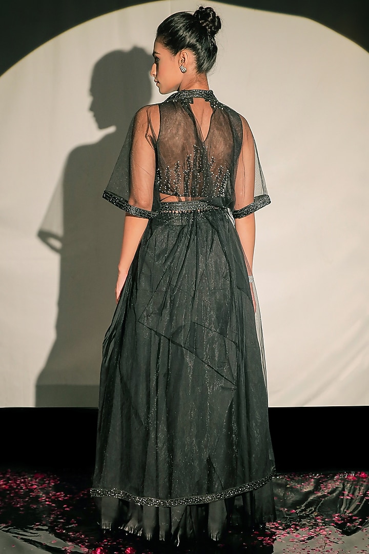 Black Taffeta Draped Skirt Set by Jubinav Chadha at Pernia's Pop Up Shop