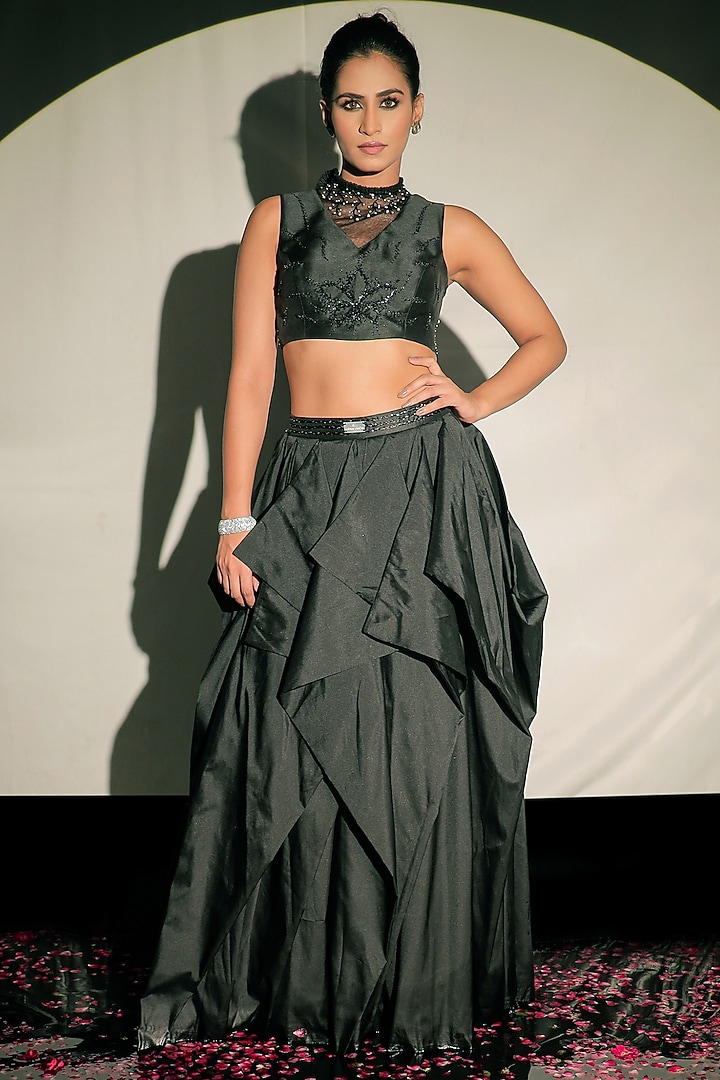 Black Taffeta Draped Skirt Set by Jubinav Chadha at Pernia's Pop Up Shop