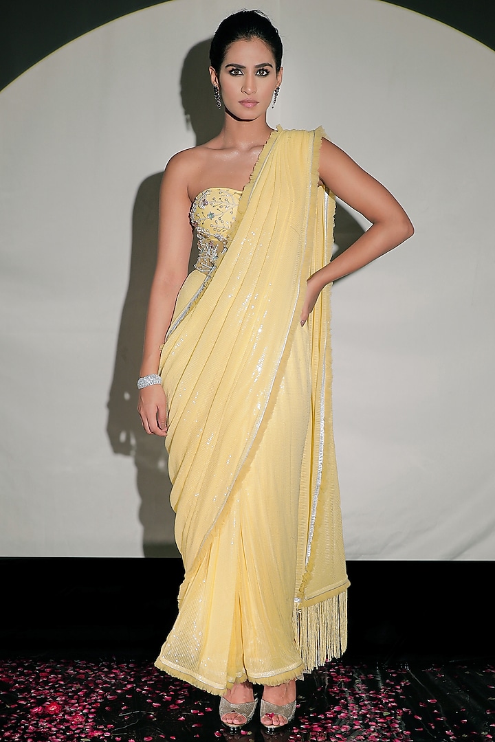 Yellow Embroidered Gown Saree by Jubinav Chadha