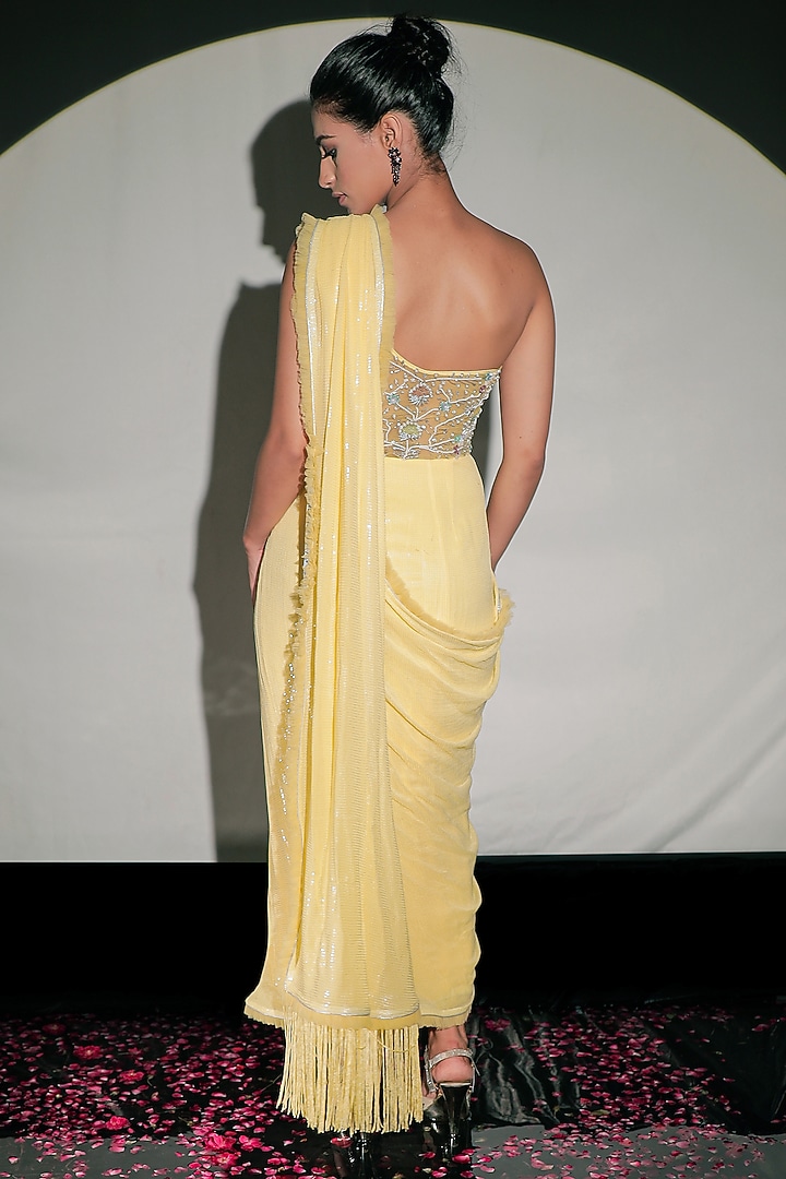 Yellow Embroidered Wedding Gown Saree by Jubinav Chadha at Pernia's Pop Up Shop