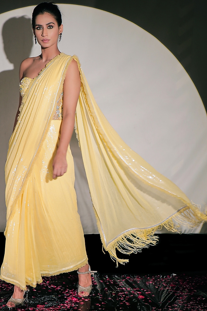 Yellow Embroidered Wedding Gown Saree by Jubinav Chadha at Pernia's Pop Up Shop