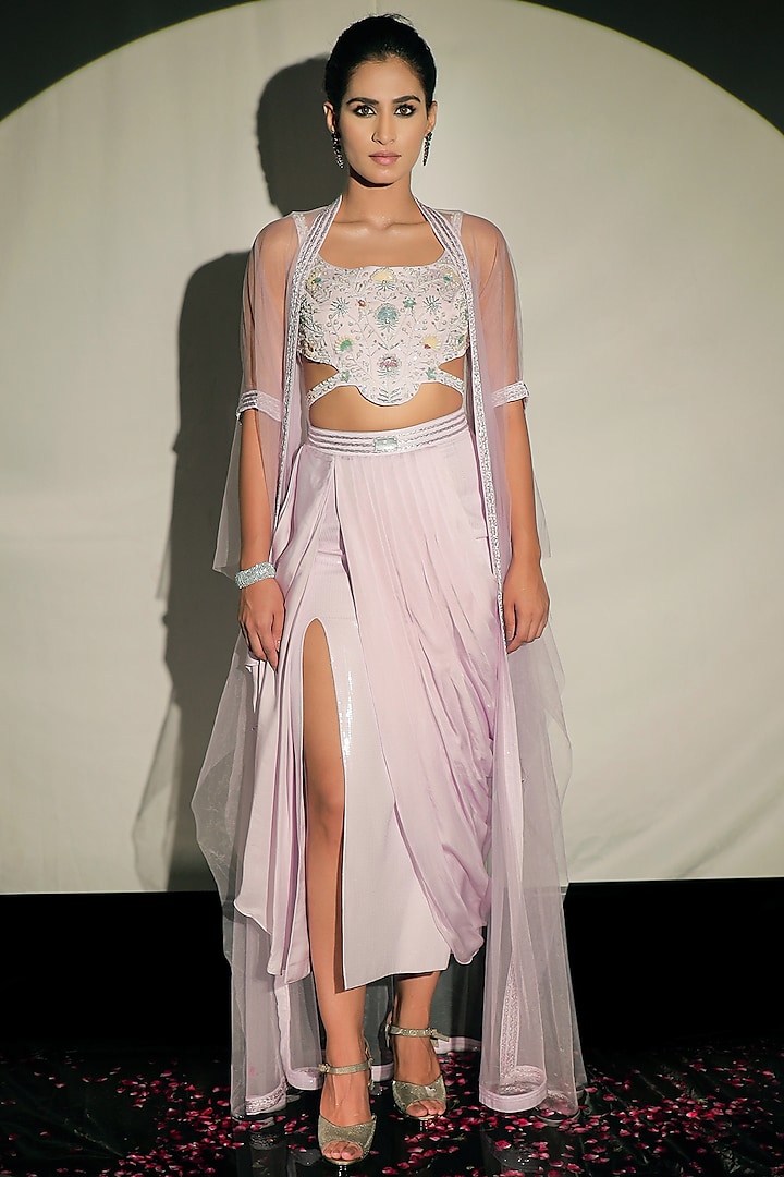 Lilac Sequins Skirt Set by Jubinav Chadha