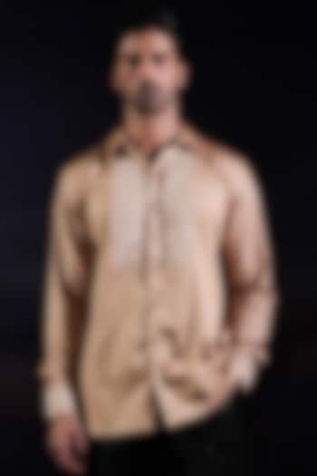 Beige Cotton Lycra Chikankari Embroidered Paneled Party Wear Shirt by Jubinav Chadha Men at Pernia's Pop Up Shop