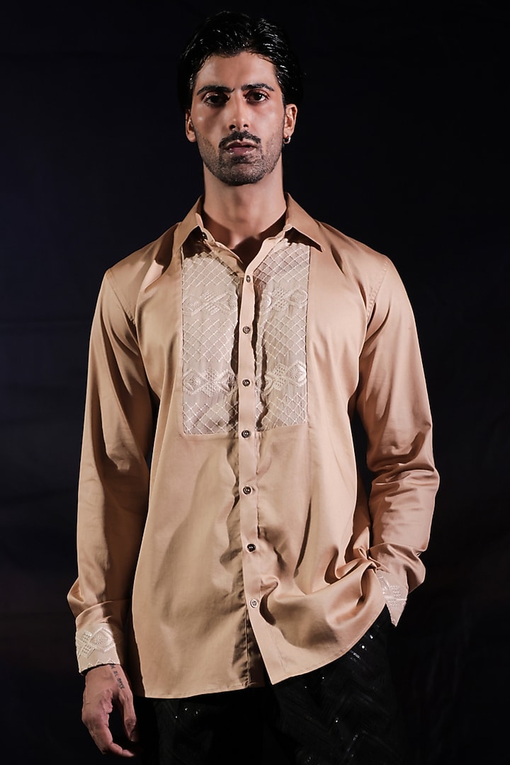 Beige Cotton Lycra Chikankari Embroidered Paneled Party Wear Shirt by Jubinav Chadha Men at Pernia's Pop Up Shop