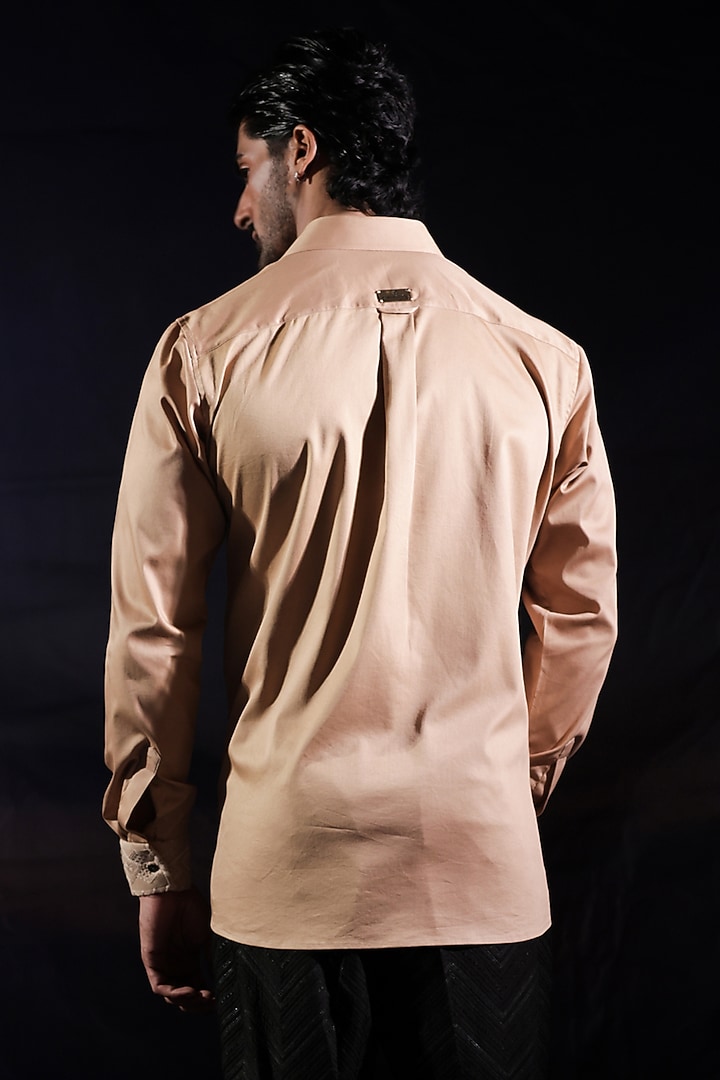 Beige Cotton Lycra Chikankari Embroidered Paneled Party Wear Shirt by Jubinav Chadha Men at Pernia's Pop Up Shop